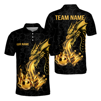 Custom Dragon Black And Gold Bowling Polo Shirts For Men, Custom Dragon Team Bowling Shirts BM0353