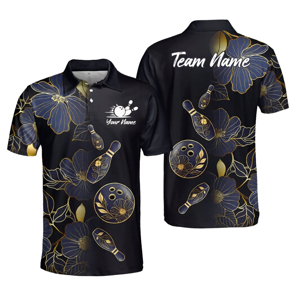 Custom Floral Black Gold Bowling Polo Shirts For Men, Custom Floral Bowling Team Shirts BZ1040