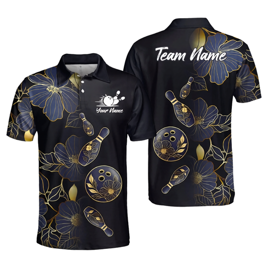 Custom Floral Black Gold Bowling Polo Shirts For Men, Custom Floral Bowling Team Shirts BZ1040