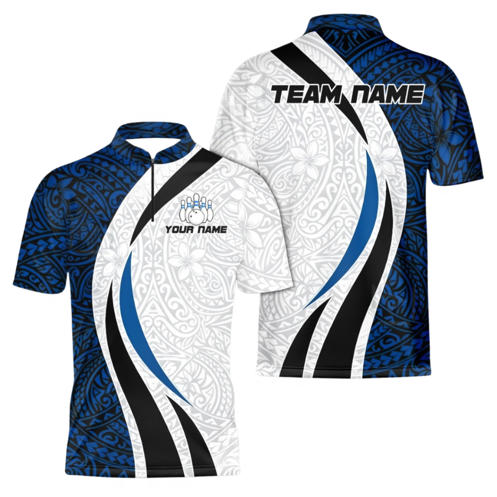 Custom Tribal Blue And White Flower Bowling Jersey For Men, Custom Tribal Bowling Team Shirts BZ1046