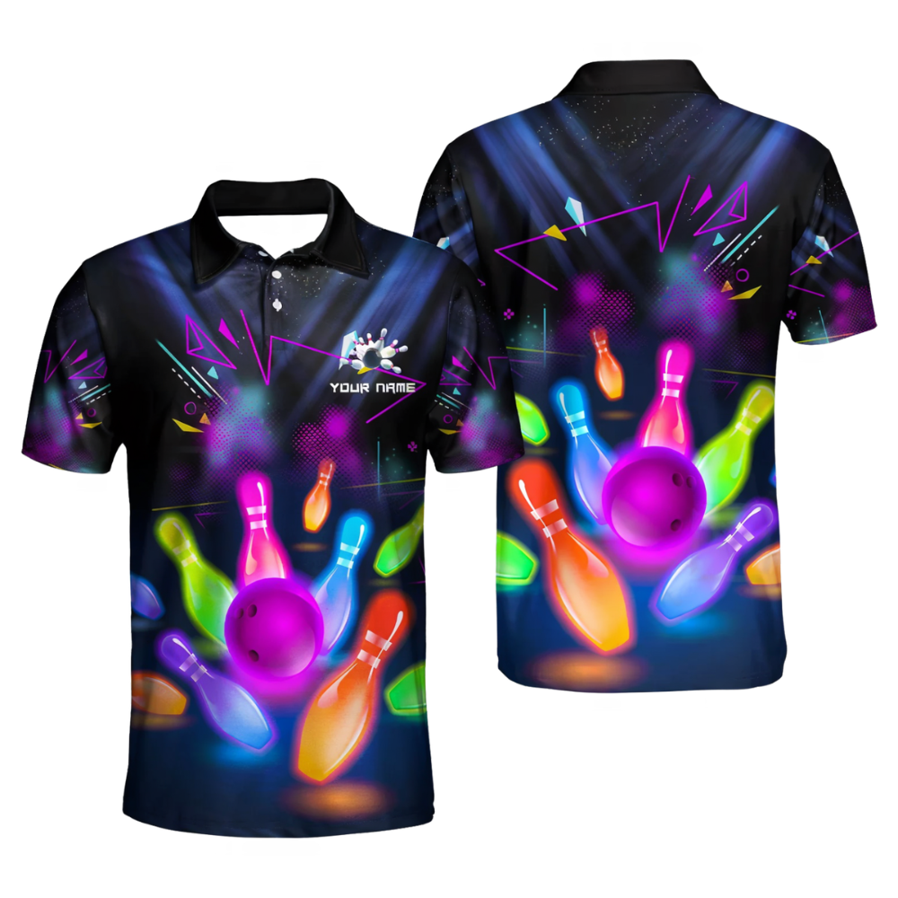 Custom Team Neon Ball Pin Bowling Men's Polo Shirts, Custom Team Neon Bowling Shirts BZ1044
