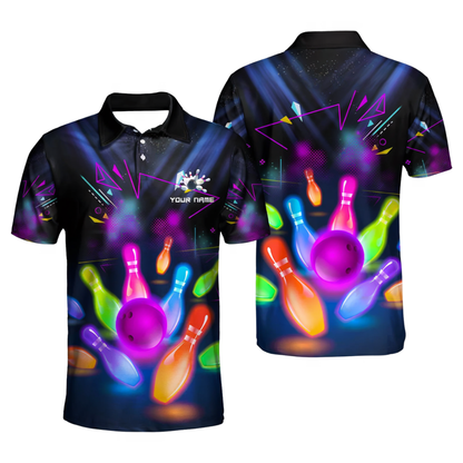Custom Team Neon Ball Pin Bowling Men's Polo Shirts, Custom Team Neon Bowling Shirts BZ1044