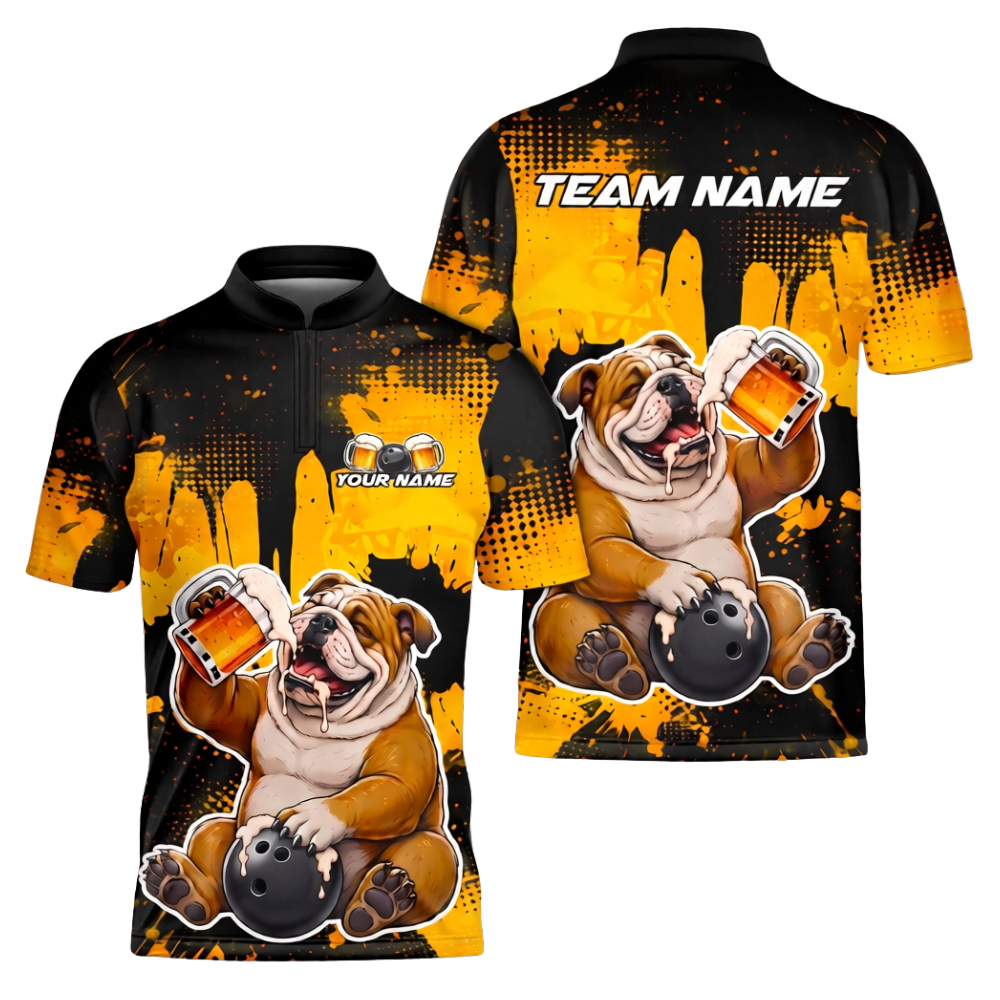 Custom Bulldog And Beer Bowling Polo Shirt For Men, Custom Bulldog Bowling Team Shirt BZ1041
