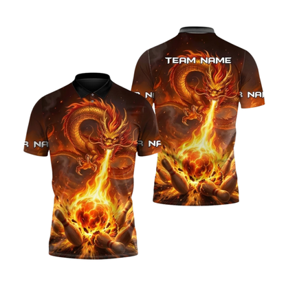 Custom Dragon Flame Bowling Polo Shirts For Men, Custom Dragon Bowling Team Shirts BZ1052
