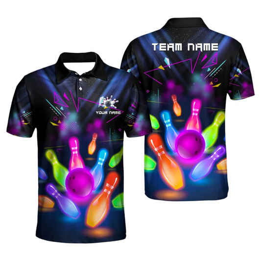 Custom Team Neon Ball Pin Bowling Men's Polo Shirts, Custom Team Neon Bowling Shirts BZ1044