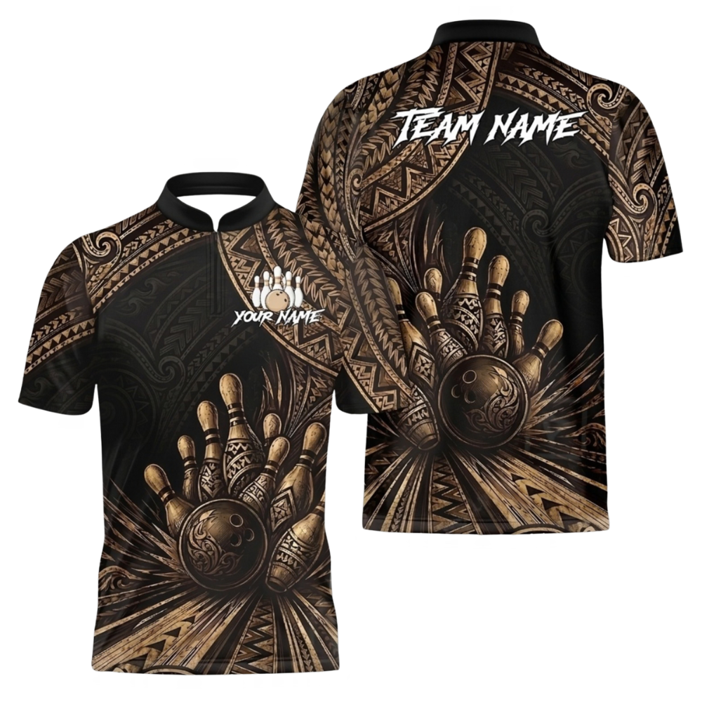 Custom Tribal Black And Gold Men's Bowling Jersey Shirts, Custom Tribal Bowling Team Shirts BZ1043