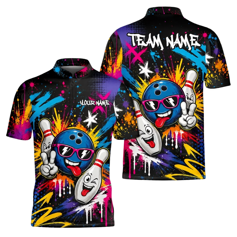 Custom Graffiti Funny Ball Pin Bowling Jersey Shirts For Men, Custom Graffiti Bowling Team Shirts BZ1042