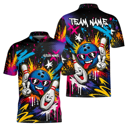 Custom Graffiti Funny Ball Pin Bowling Jersey Shirts For Men, Custom Graffiti Bowling Team Shirts BZ1042