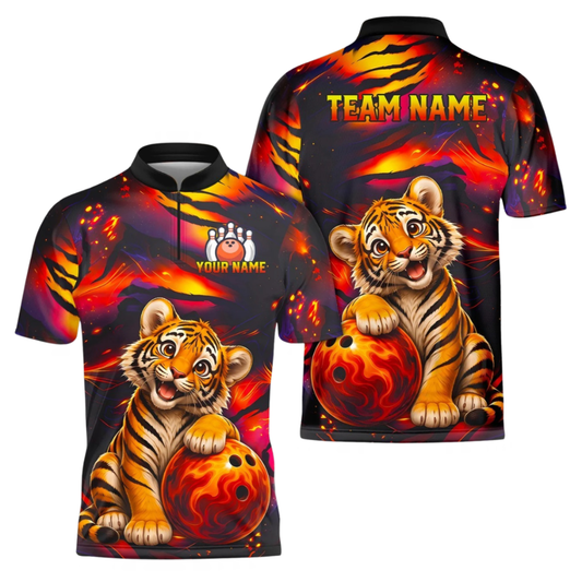 Custom Baby Tiger Fire Ball Bowling Jersey Shirt For Men, Custom Tiger Bowling Team Shirt BZ1047