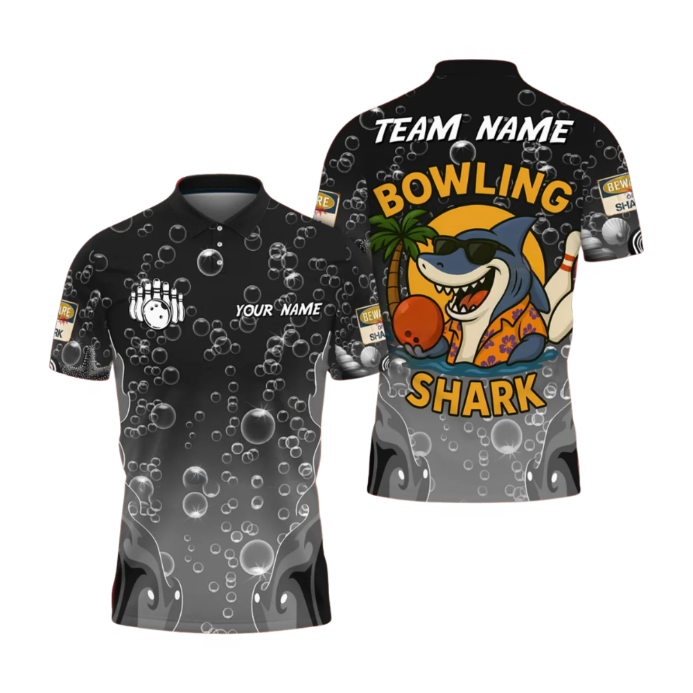 Custom Funny Shark Bowling Polo Shirts For Men, Custom Shark Bowling Team Shirts BZ1049