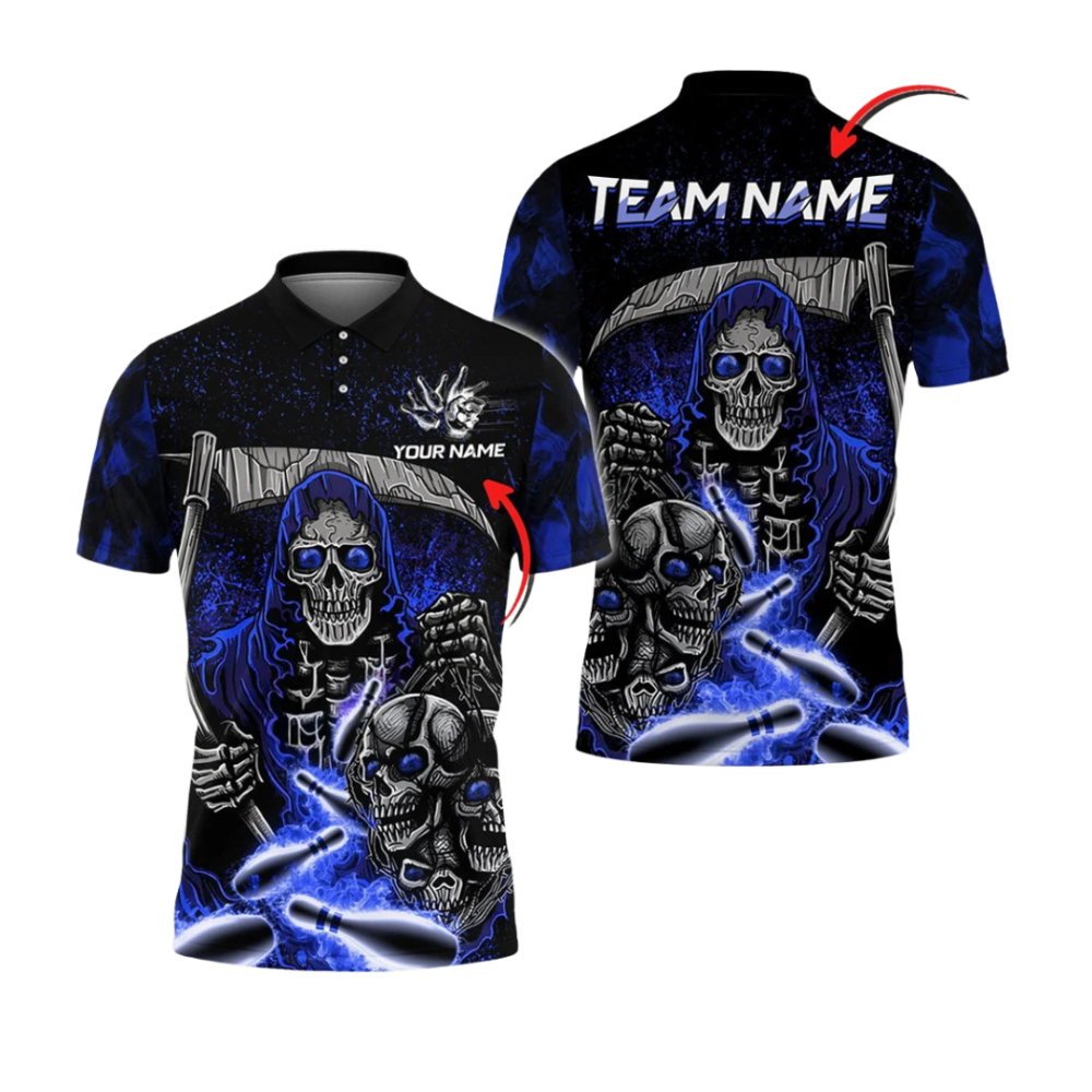 Custom Grim Reaper Men's Bowling Polo Shirts, Custom Skull Bowling Team Shirts BZ1048