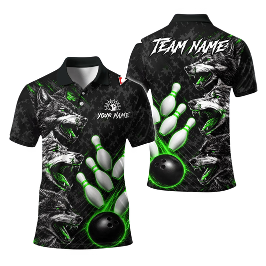 Custom Wolf Black Green Bowling Polo Shirts Mens, Custom Wolf Bowling Team Shirts BE0267