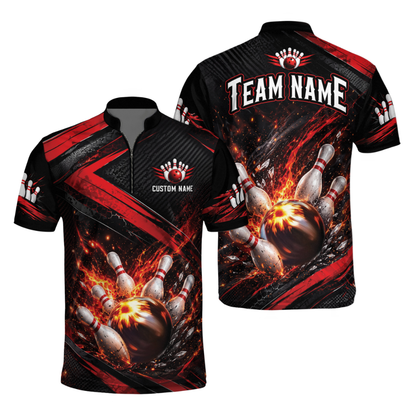 Custom Team Black And Red Bowling Jersey Shirts Mens, Custom Bowling Shirts BM0354