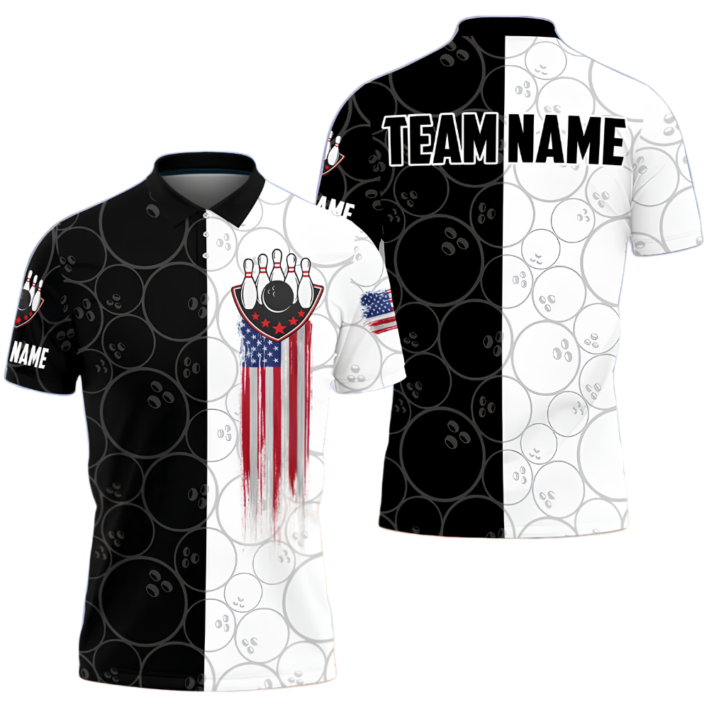 Custom American Flag Men's Black White Bowling Polo Shirts, Custom Team Patriotic Bowling Shirts BZ0844