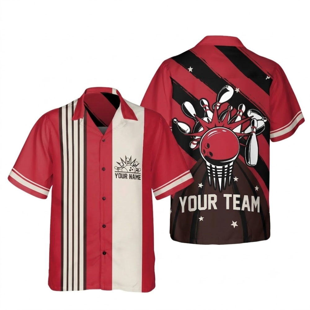 Custom Red Retro Bowling Hawaiian Shirt Men, Custom Retro Bowling Shirt Team BE0231