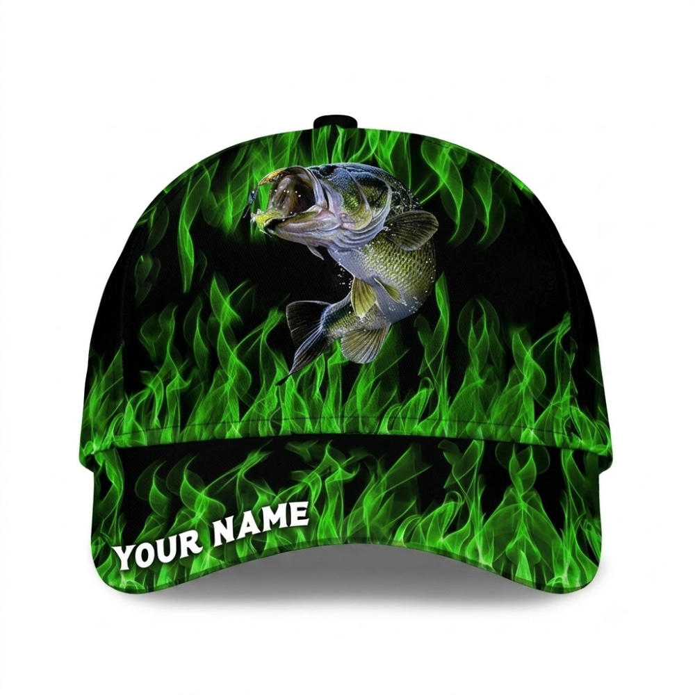 Custom Large Mouth Bass Green Flame Baseball Cap, Custom Flame Fishing Lover Cap Hat CP0645