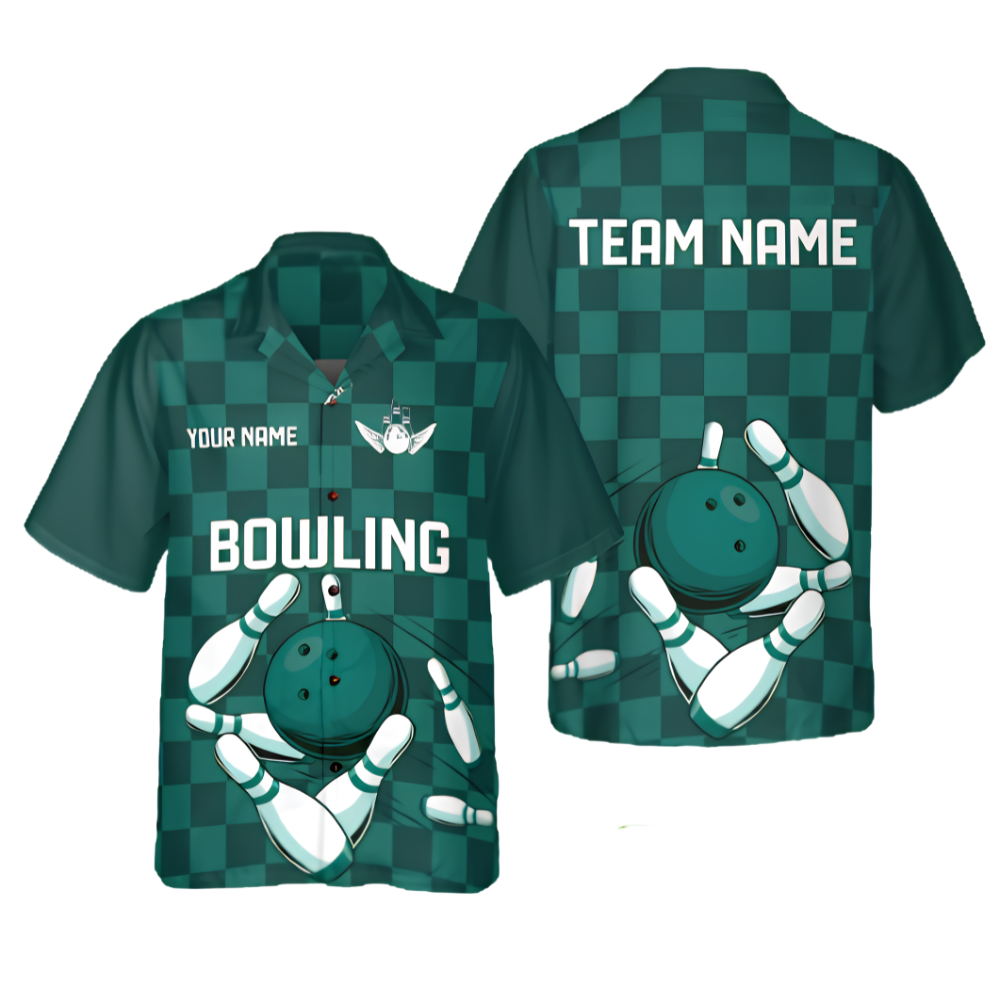 Custom Green Checkered Bowling Team Hawaiian Shirt, Custom Checkered Bowling Shirt Team BE0233