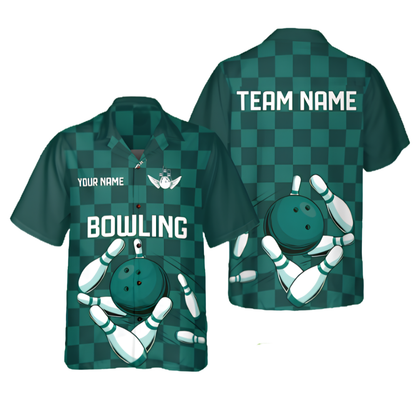 Custom Green Checkered Bowling Team Hawaiian Shirt, Custom Checkered Bowling Shirt Team BE0233
