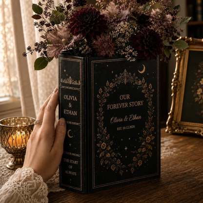 Our Forever Story Custom Celestial Wedding Black Ceramic Book Vase, Custom Gothic Wedding Book Vase WD0586