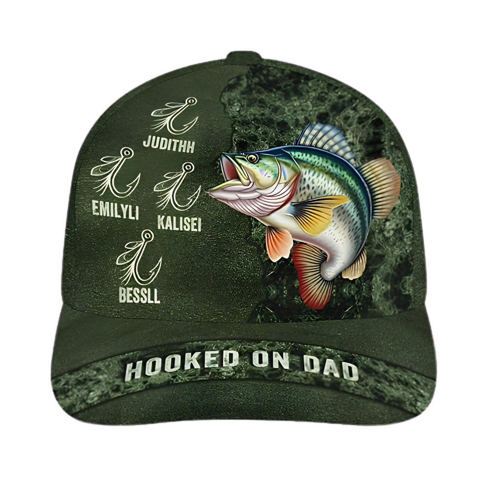 Hooked On Dad Custom Kids Name Baseball Cap, Custom Fishing Hat For Dad CP0664