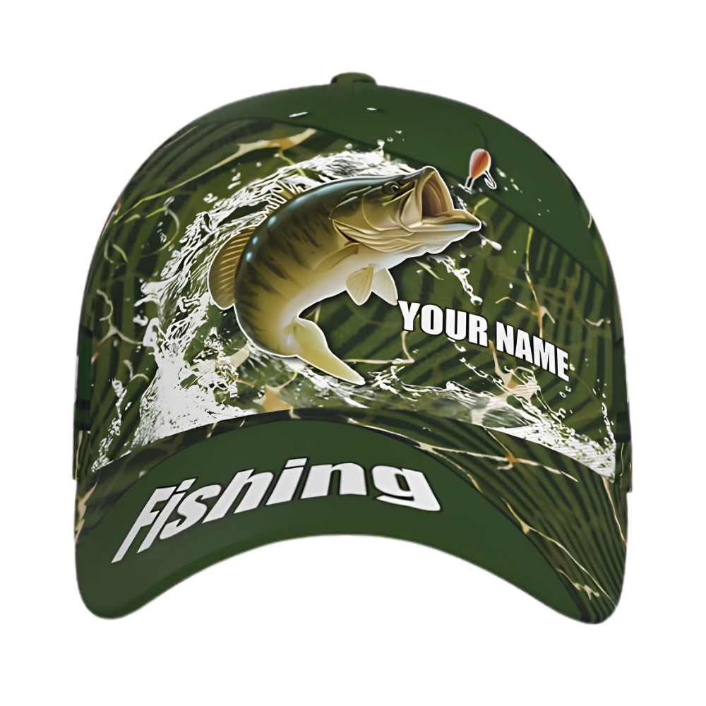 Custom Largemouth Bass Green Baseball 3D Cap, Custom Bass Fishing Cap Hat CP0665