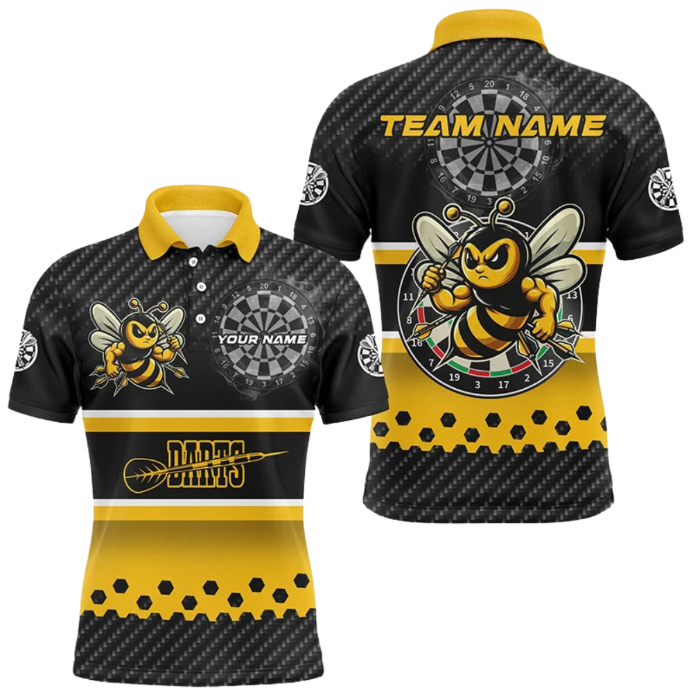 Custom Bee Yellow And Black Dart Mens Polo Shirt, Custom Bee Team Darts Shirt DZ0112