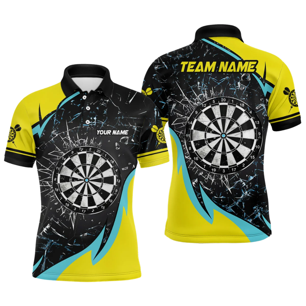 Custom Team Yellow Cyan Black Dart Polo Shirt Mens, Custom Dart Team Shirts DZ0113