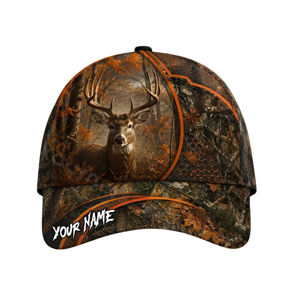 Deer Hunting Custom Forest Orange Brown Baseball Cap, Custom Deer Cap Hat For Hunter CP0690