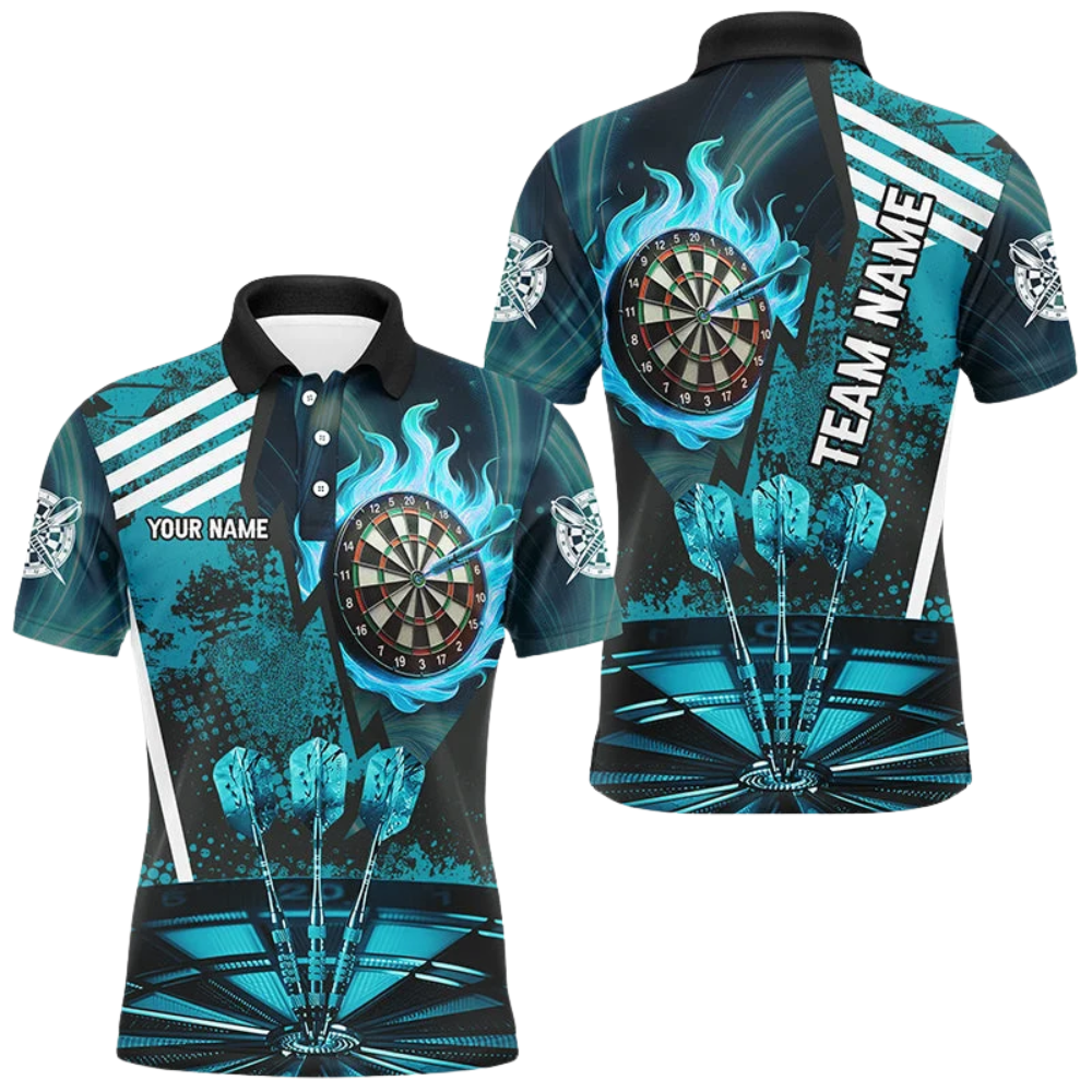 Custom Cyan Flame Dartboard Polo Shirt For Men, Custom Dart Team Shirts DZ0114