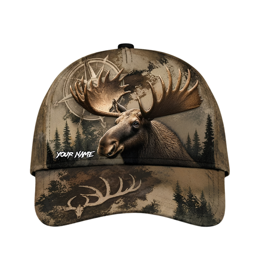 Moose Hunting Custom Name Baseball Cap 3D Printed, Custom Moose Hunter Cap Hat CP0691