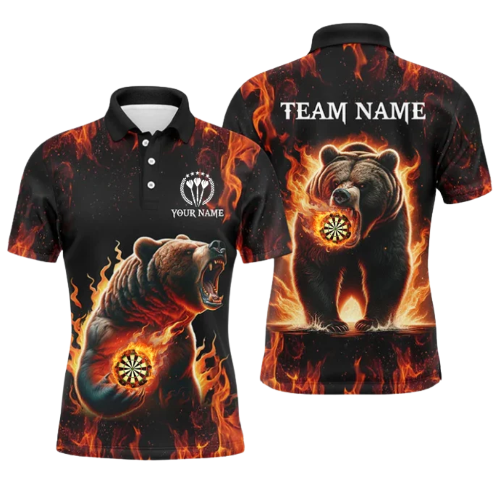 Custom Bear Fire Dartboard Men's Dart Polo Shirt, Custom Bear Dart Team Shirts DZ0116