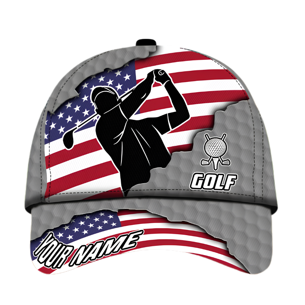 Custom American Flag Grey Golf Baseball Cap 3D Printed, Patriotic Custom Golf Cap Hat CP0697