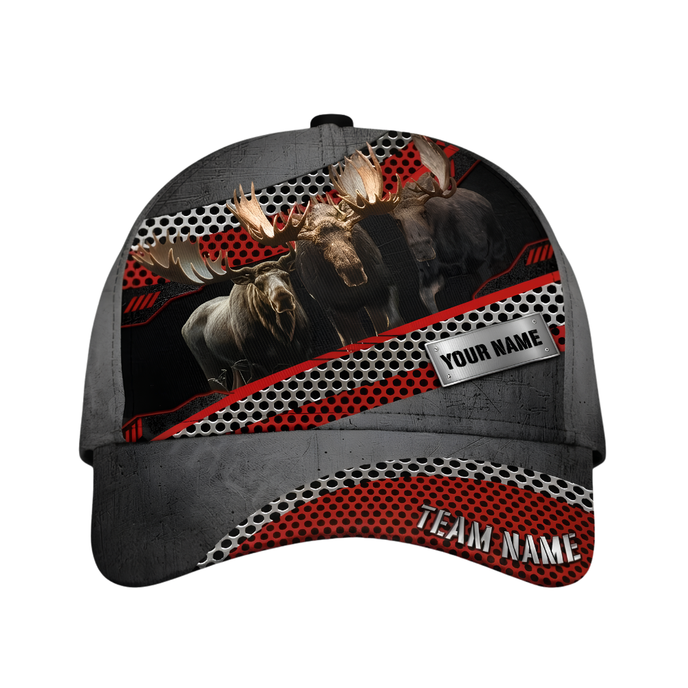 Moose Hunting Custom Red Grey Baseball 3D Cap, Custom Moose Hunting Lover Cap Hat CP0674