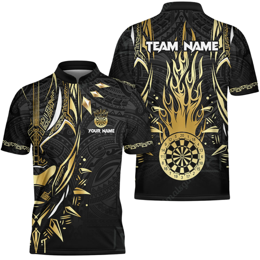 Custom Tribal Maori Black And Golden Dart Polo Shirt For Men, Custom Tribal Dart Team Shirts DZ0103