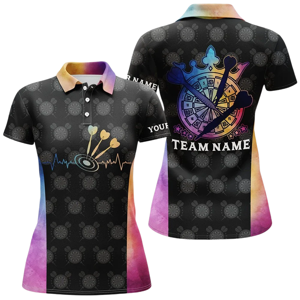 Custom Womens Tie Dye Black Dart Polo Shirt, Custom Tie Dye Darts Team Shirts For Ladies DZ0118