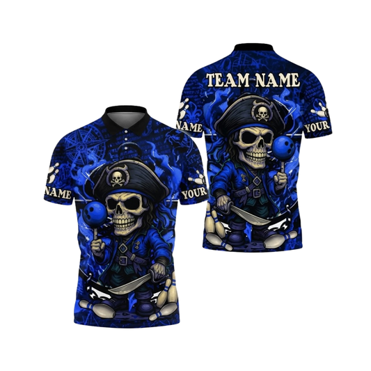 Custom Pirate Skull Bowling Mens Blue Polo Shirt , Custom Skull Bowling Team Shirt BE0224