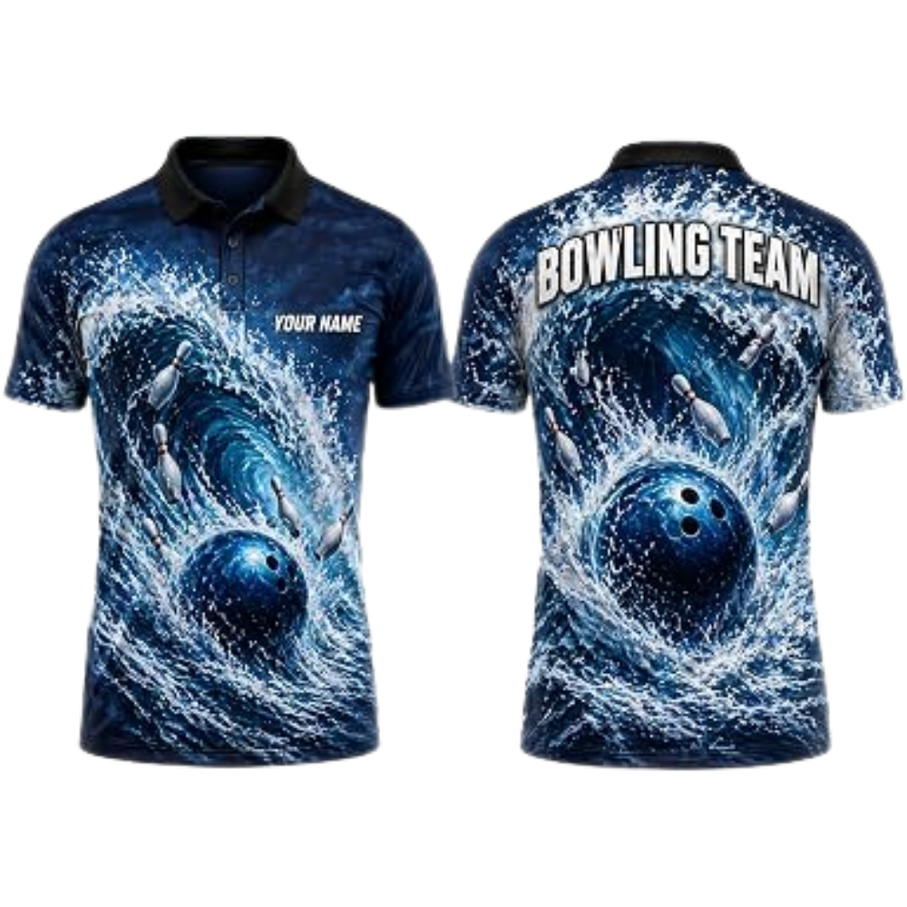 Blue Wave Custom Mens Bowling Polo Shirt, Custom Team Bowling Shirts BZ0821