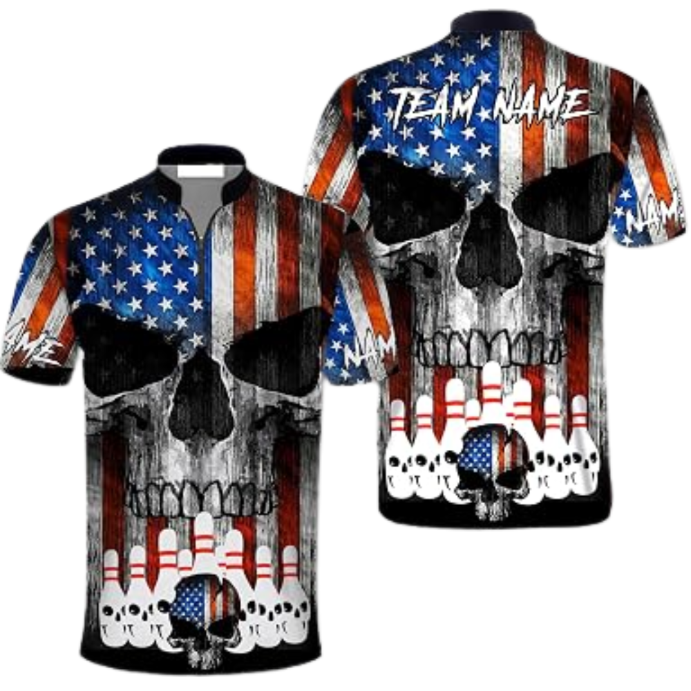 Skull American Flag Custom Mens Bowling Jersey, Custom Skull Patriotic Bowling Team Shirts BZ0822