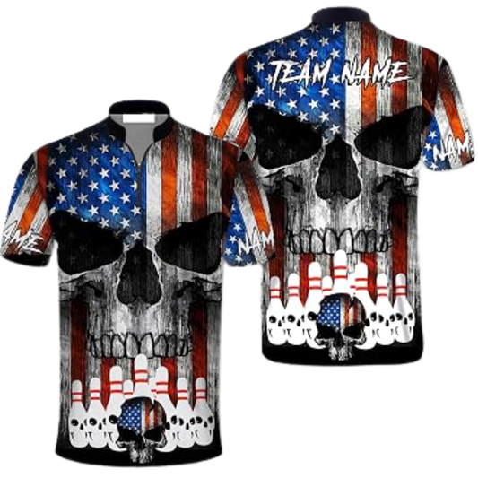 Skull American Flag Custom Mens Bowling Jersey, Custom Skull Patriotic Bowling Team Shirts BZ0822