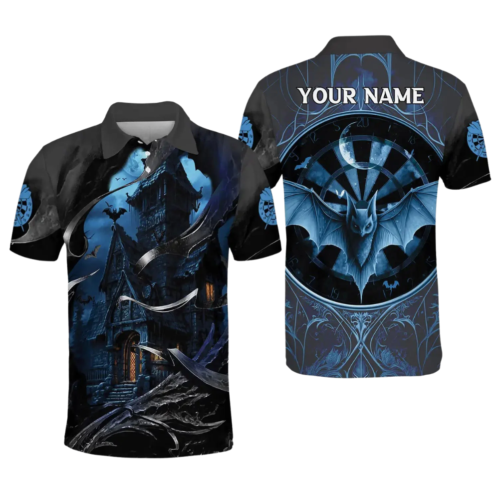 Castle And Bats Custom Name Darts Polo Shirt For Men, Custom Bats Dart Shirt DZ0130