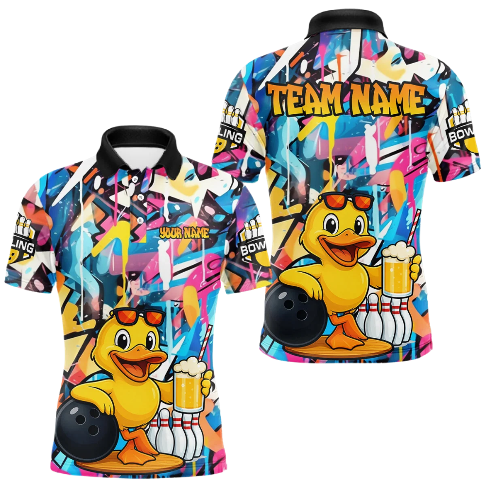 Funny Duck Graffiti Custom Mens Bowling Polo Shirt, Custom Duck Bowling Shirt Team BZ0828