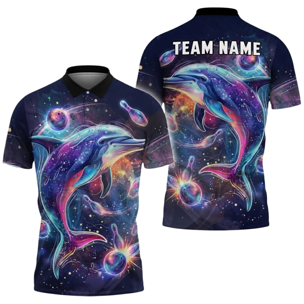 Custom Dolphin Neon Galaxy Bowling Polo Shirt Mens, Custom Dolphin Team Bowling Shirt BZ0832