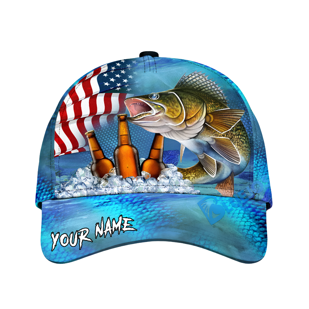 Custom Walleye Fishing And Beer Baseball Cap 3D Printed, Custom Fishing Lover Cap Hat CP0659