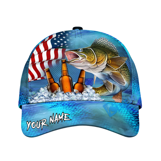 Custom Walleye Fishing And Beer Baseball Cap 3D Printed, Custom Fishing Lover Cap Hat CP0659