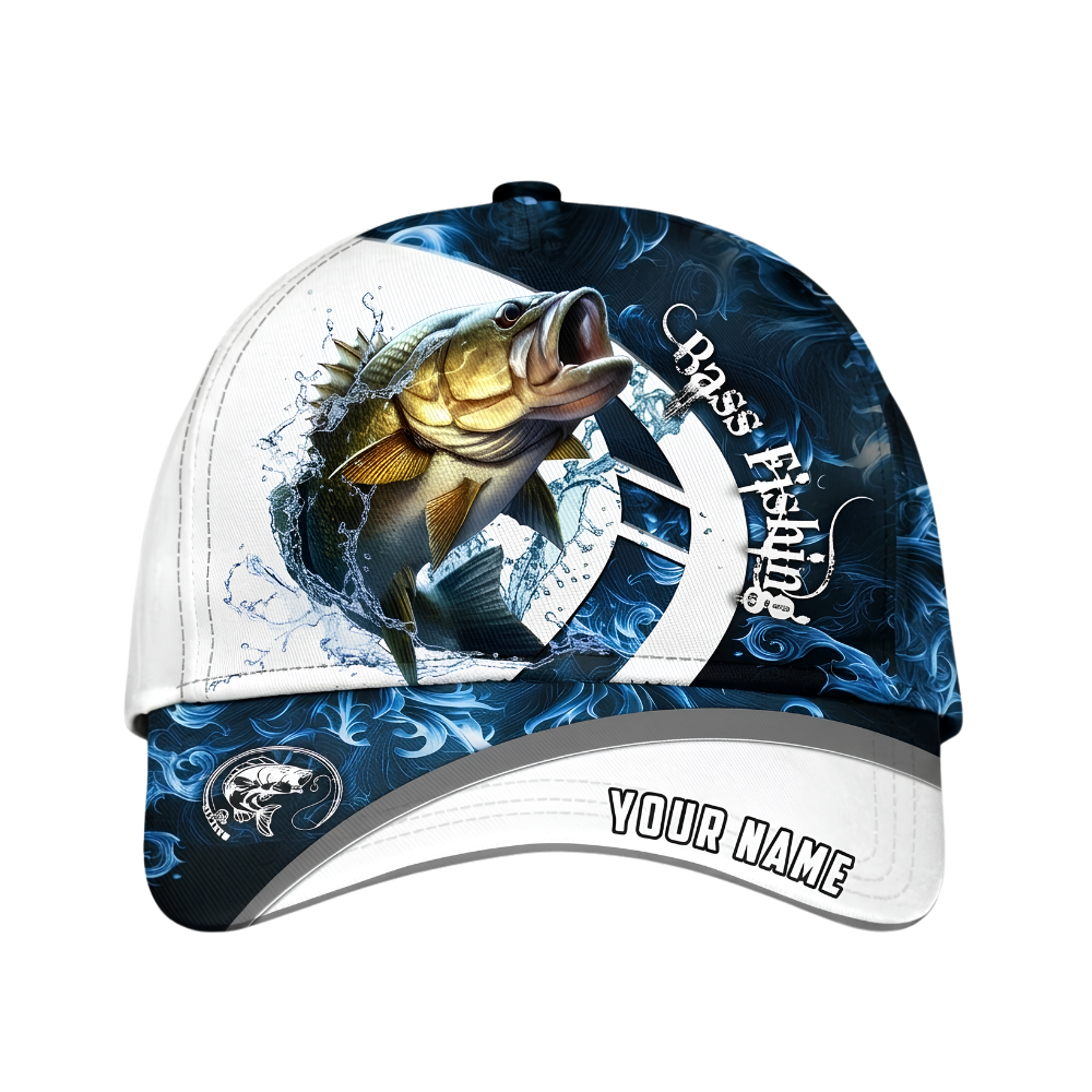 Custom Bass Fishing Blue Flame Baseball Cap, Custom Bass Fish Hat For Fisherman CP0663