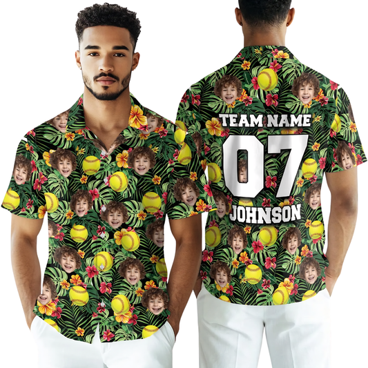 Custom Face Softball Tropical Hawaiian Shirt With Team Name, Custom Photo Softball Hawaiian Shirt HE0773