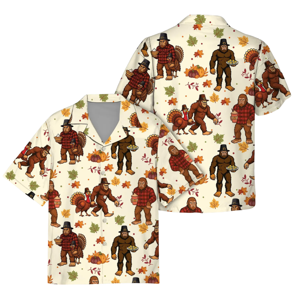 Bigfoot Turkey Hawaiian Shirt For Men, Thanksgiving Bigfoot Hawaiian Shirt HE0633