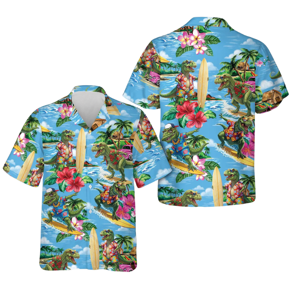 Funny Dinosaur Surfing Hawaiian Shirt For Men, Dinosaur Beach Hawaiian Shirt HE0614