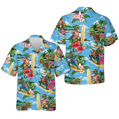 Funny Dinosaur Surfing Hawaiian Shirt For Men, Dinosaur Beach Hawaiian Shirt HE0614