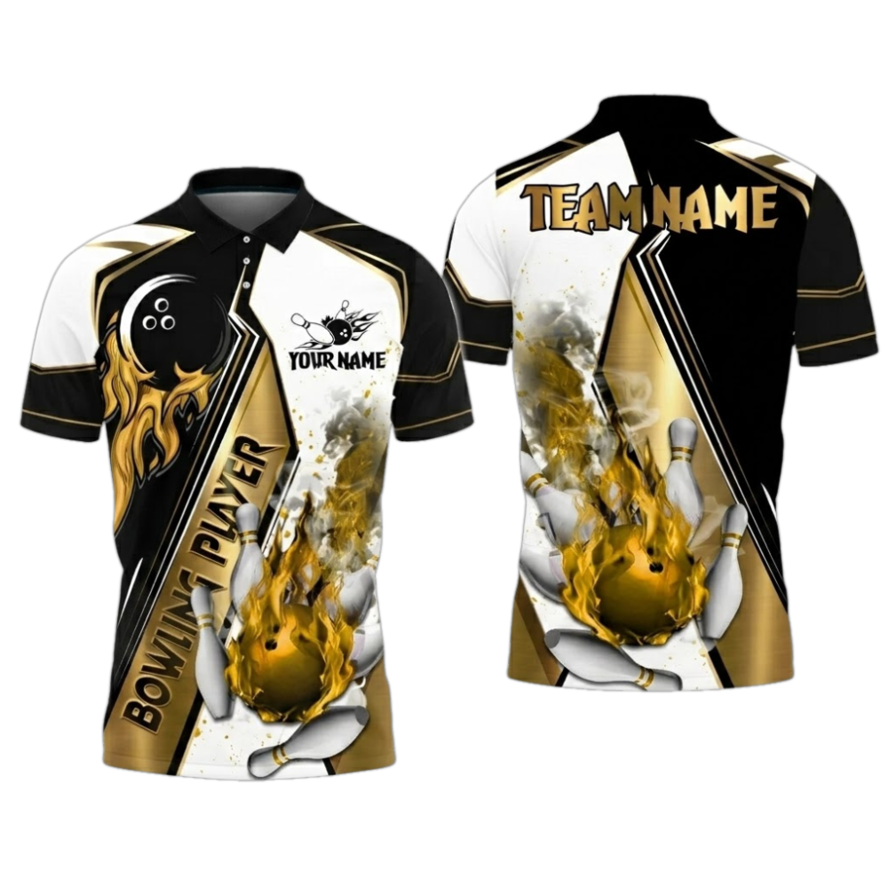 Flaming Ball Custom Gold Black Bowling Polo Shirt For Men, Custom Flame Bowling Team Shirts BZ0809